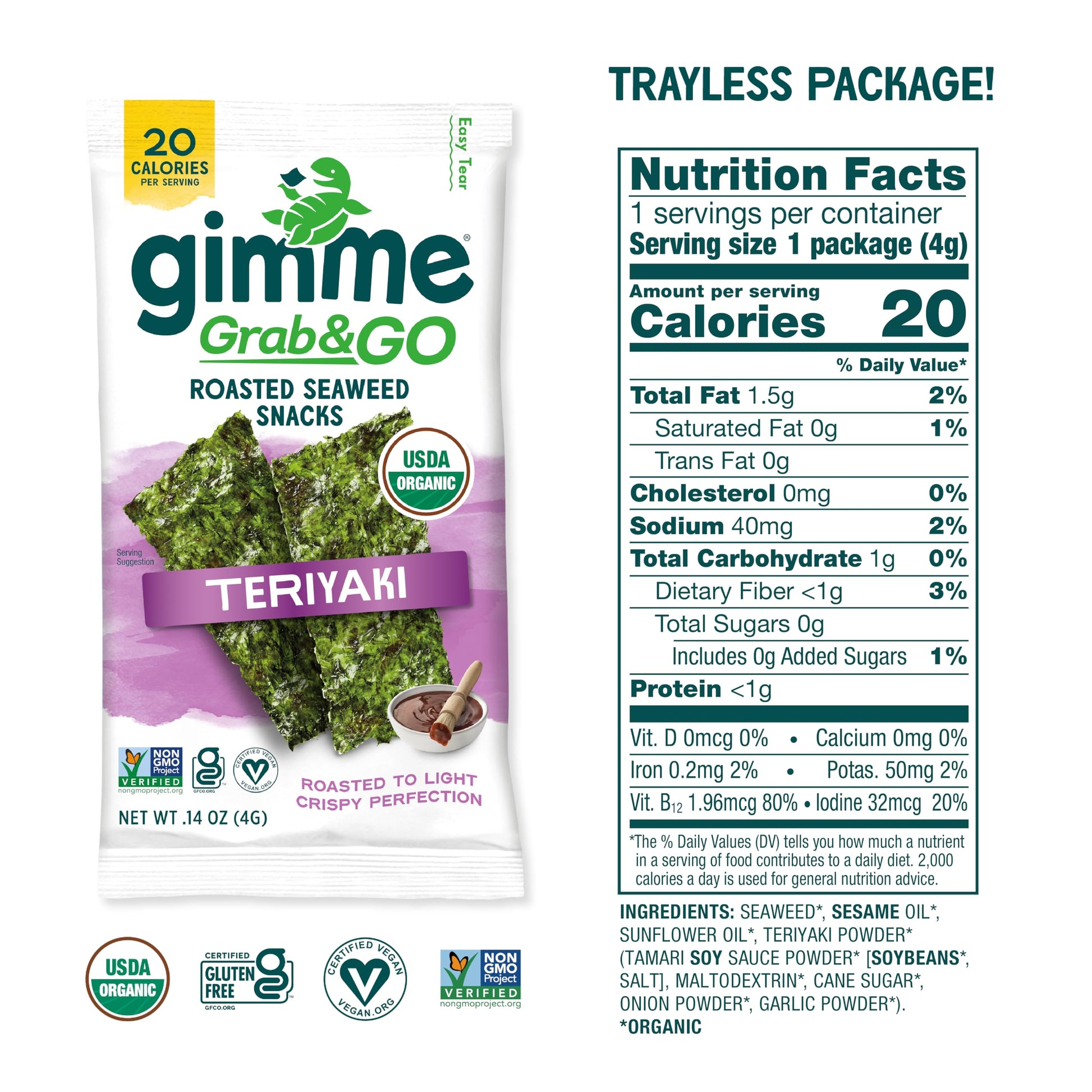 Gimme Seaweed Grab & Go Organic Premium Roasted Seaweed Snacks, Sea Salt & Avocado Oil, 5 Count Trayless, Keto, Vegan, Gluten-Free, Source of Omega3s, Healthy On-The-Go Snack for Kids & Adults - Collins Global Snack Store