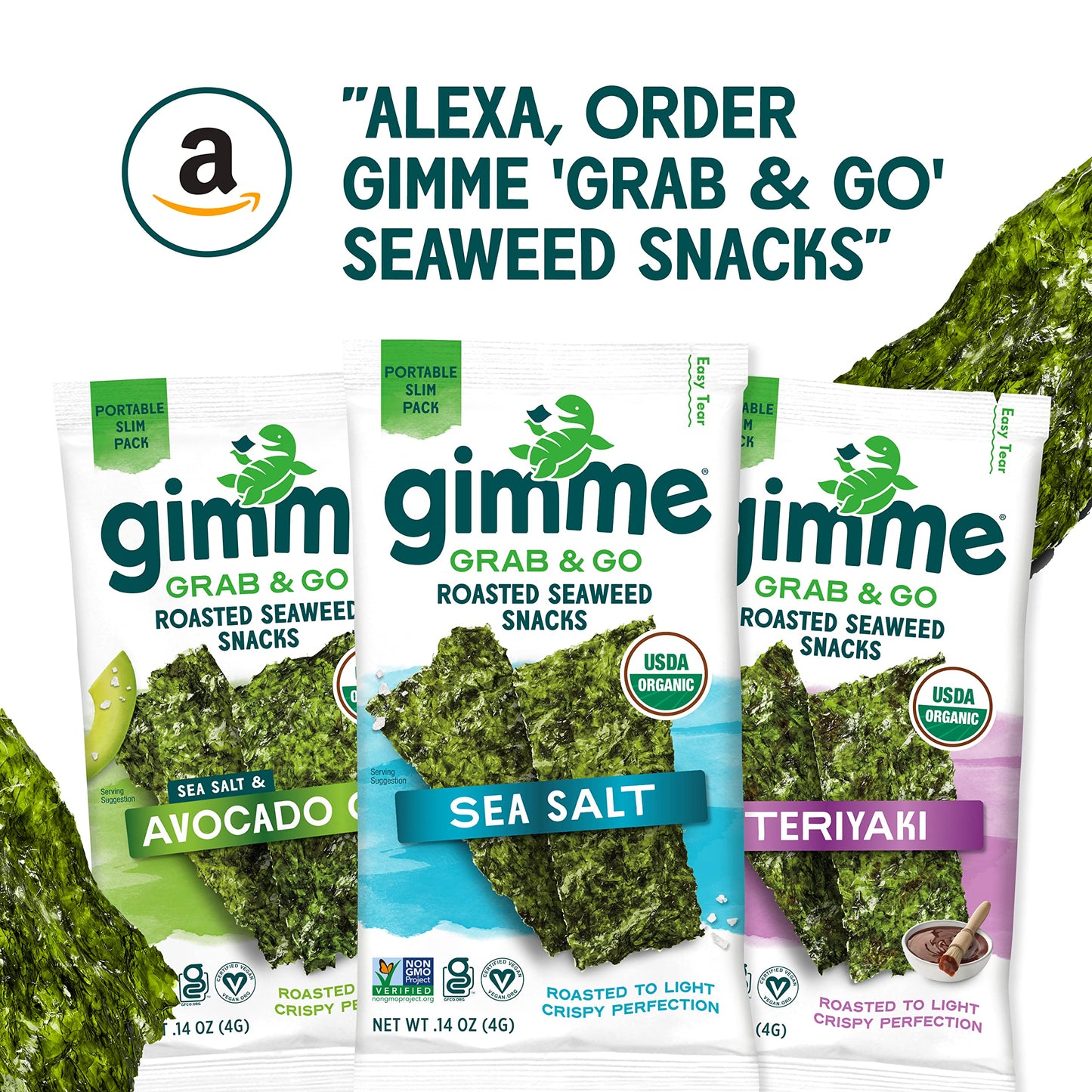 Gimme Seaweed Grab & Go Organic Premium Roasted Seaweed Snacks, Sea Salt & Avocado Oil, 5 Count Trayless, Keto, Vegan, Gluten-Free, Source of Omega3s, Healthy On-The-Go Snack for Kids & Adults - Collins Global Snack Store