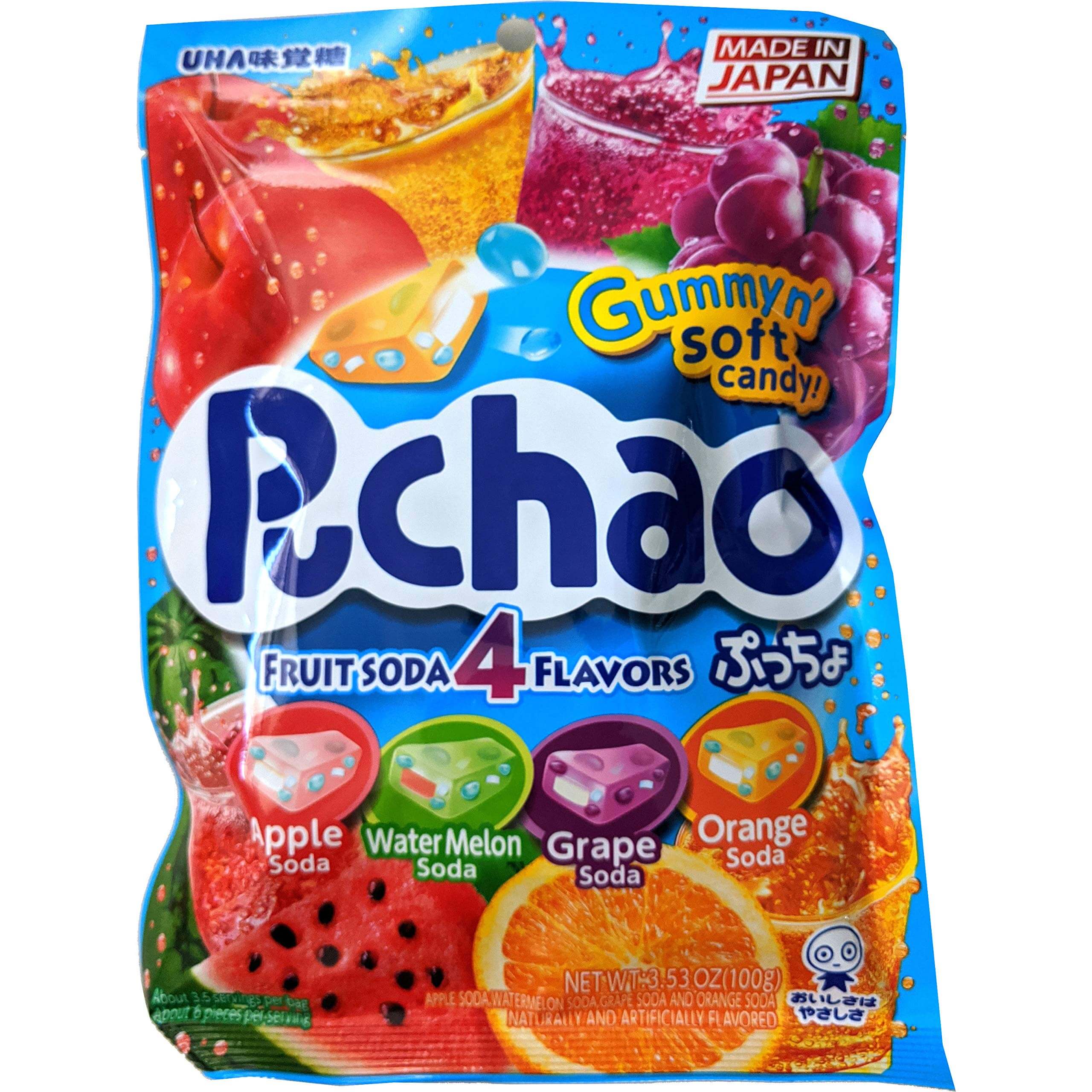 Puchao Japanese Chewy Candy, 4 Fruit Soda Flavors - Apple, Watermelon, Grape, Orange, Soft Candy with Fizzy Gummy Bits Inside, As Seen on TikTok, Variety Pack, Product of Japan - Collins Global Snack Store Japanese PUCHAO Chewy Candy 