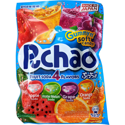 Puchao Japanese Chewy Candy, 4 Fruit Soda Flavors - Apple, Watermelon, Grape, Orange, Soft Candy with Fizzy Gummy Bits Inside, As Seen on TikTok, Variety Pack, Product of Japan - Collins Global Snack Store Japanese PUCHAO Chewy Candy 