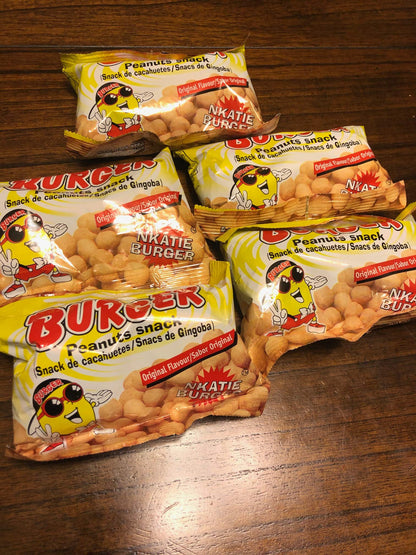 TikTok Viral Nkatie Burger packaging featuring Ghanaian peanut candy snack on a wooden table.