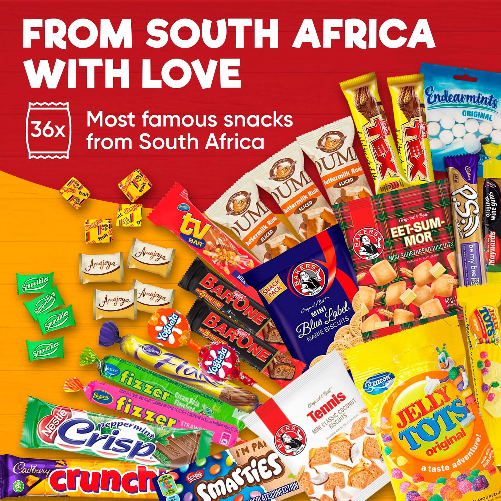 Treats from Home South African Snacks Food Box | Authentic African Candies, Chocolate Bars, & Treats | Perfect Christmas Gifts Includes Ouma Rusks, Smarties, & More | Best South African Products Care Package for Gifting & Sharing - 36 Units - Collins Global Snack Store