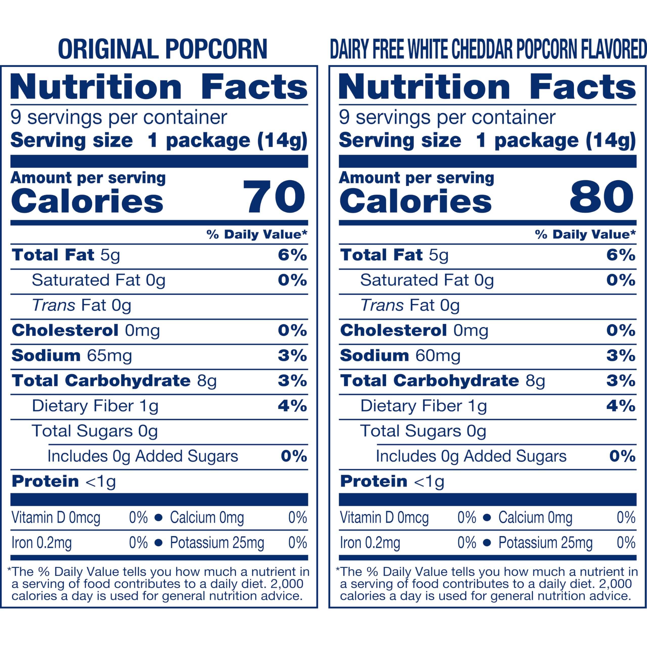 Nutrition facts for SkinnyPop Family Favorite Variety Pack featuring Original and Dairy Free White Cheddar popcorn.