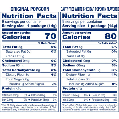 Nutrition facts for SkinnyPop Family Favorite Variety Pack featuring Original and Dairy Free White Cheddar popcorn.