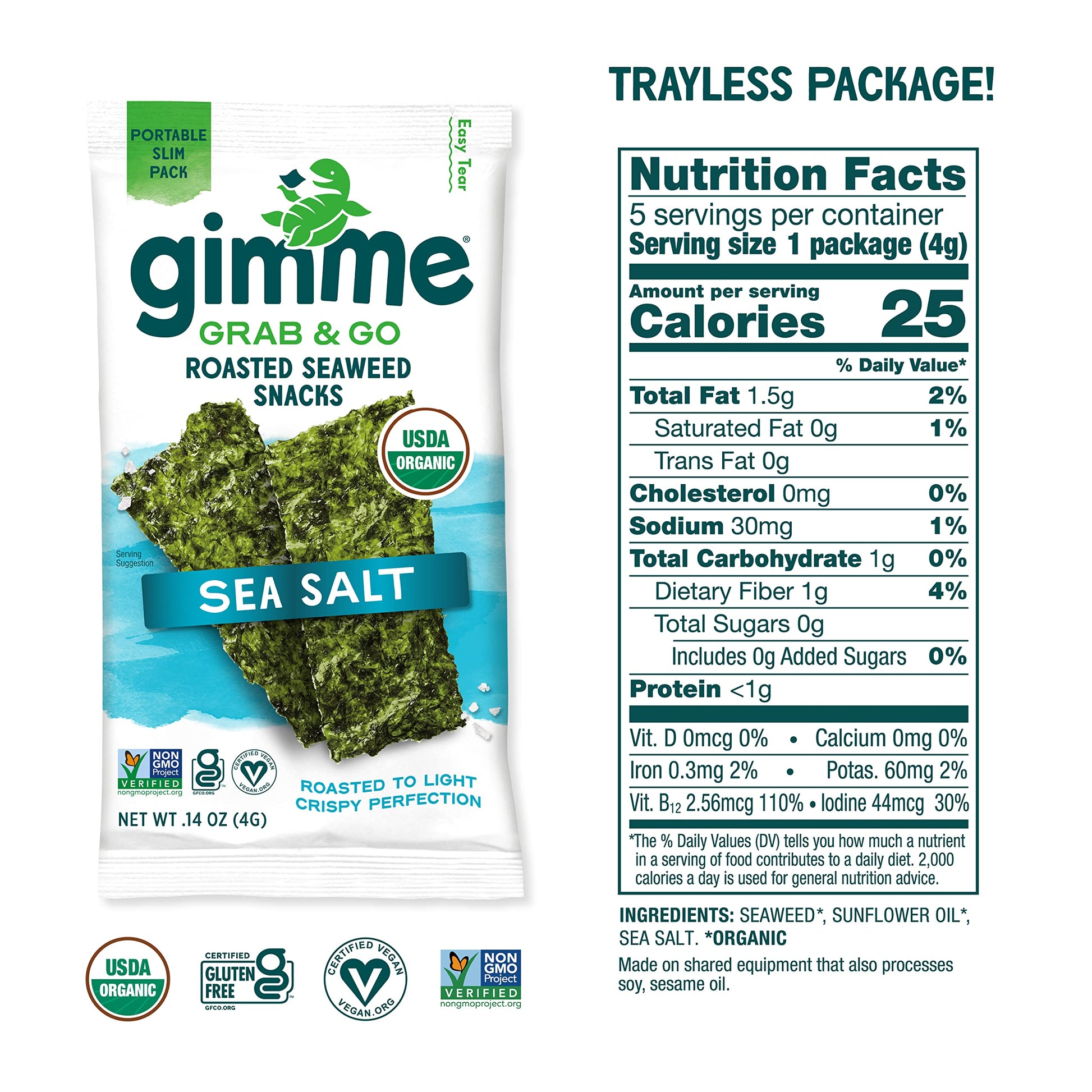 Gimme Seaweed Grab & Go Organic Premium Roasted Seaweed Snacks, Sea Salt & Avocado Oil, 5 Count Trayless, Keto, Vegan, Gluten-Free, Source of Omega3s, Healthy On-The-Go Snack for Kids & Adults - Collins Global Snack Store