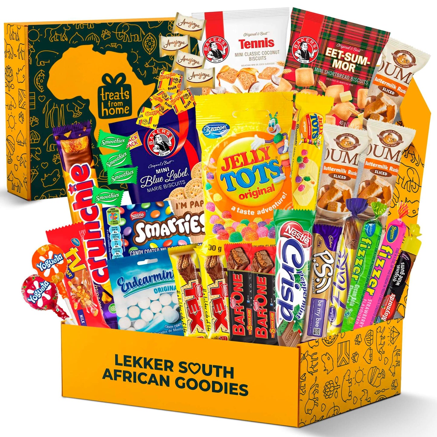 Treats from Home South African Snacks Food Box | Authentic African Candies, Chocolate Bars, & Treats | Perfect Christmas Gifts Includes Ouma Rusks, Smarties, & More | Best South African Products Care Package for Gifting & Sharing - 36 Units - Collins Global Snack Store