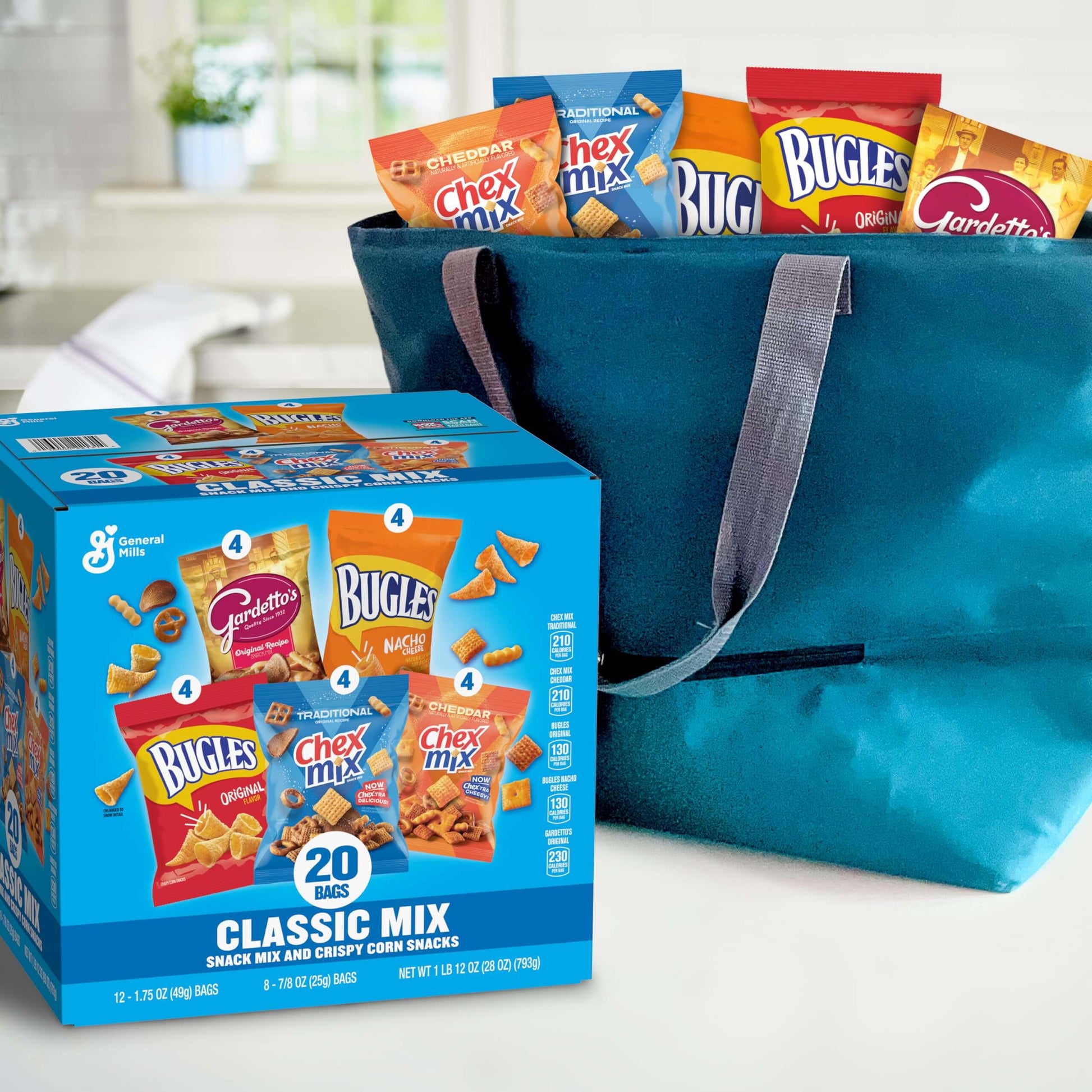 Classic Mix Snack Variety Pack, Bugles Original and Nacho Cheese, Gardetto's Original Recipe, Chex Mix Traditional and Cheddar, 20 Ct, 28 oz - Collins Global Snack Store