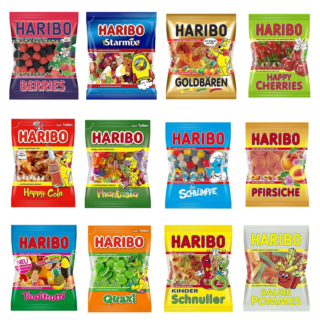 Various flavors of German Gummy Candy 5LB, including Haribo gummy bags, colorful fruit-flavored treats.