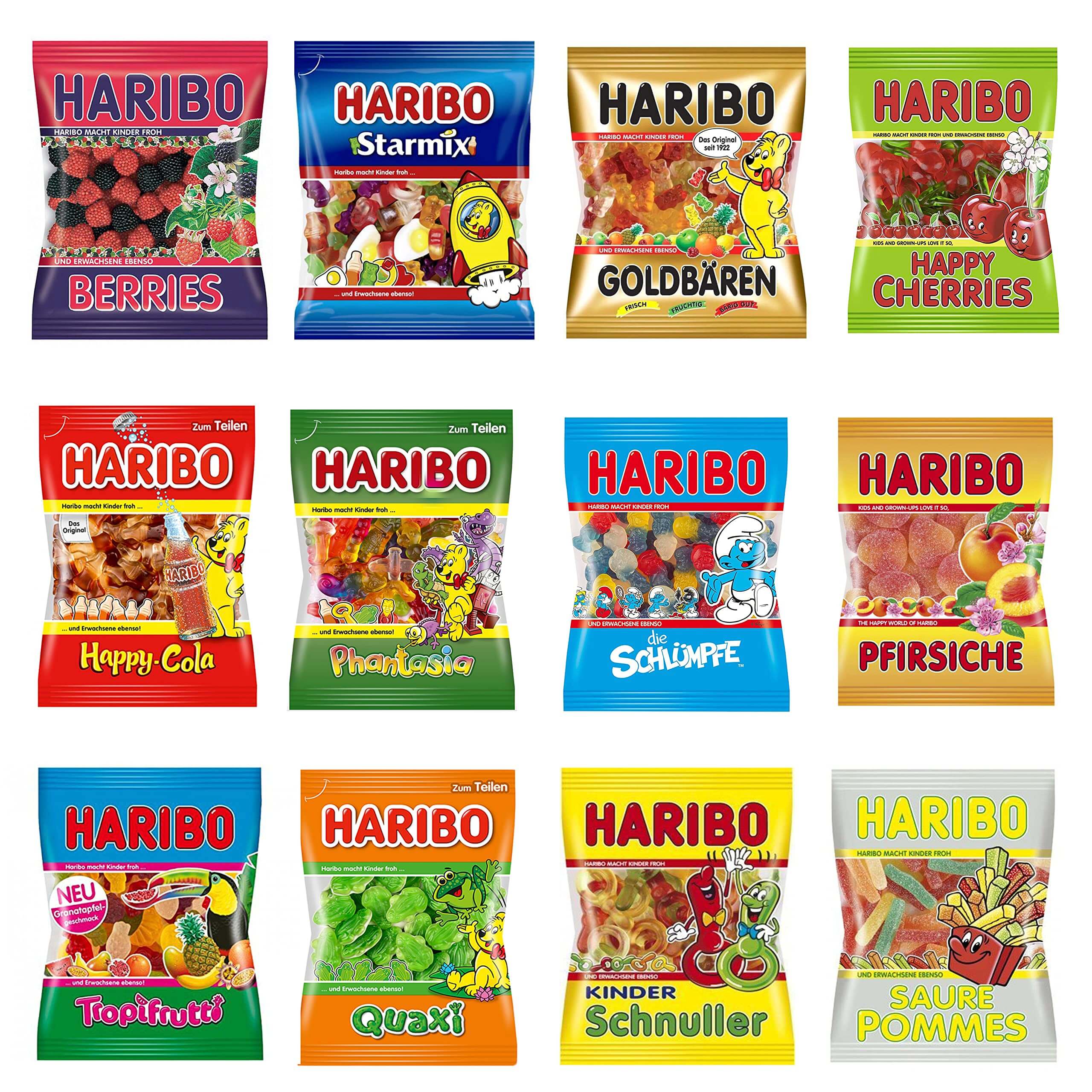 Various flavors of German Gummy Candy 5LB, including Haribo gummy bags, colorful fruit-flavored treats.