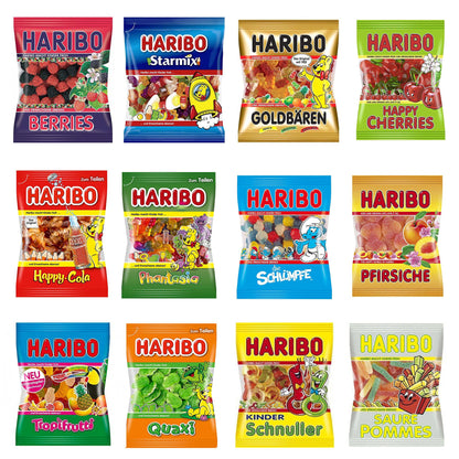 Various flavors of German Gummy Candy 5LB, including Haribo gummy bags, colorful fruit-flavored treats.