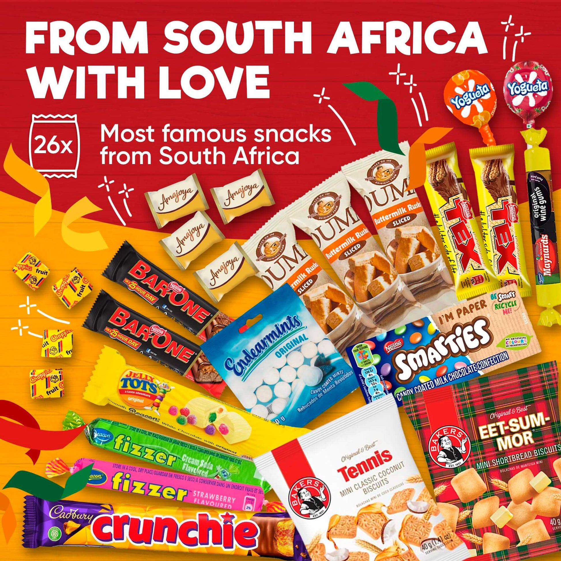 Treats from Home South African Snacks Food Box | Authentic African Candies, Chocolate Bars, & Treats | Perfect Christmas Gifts Includes Ouma Rusks, Smarties, & More | Best South African Products Care Package for Gifting & Sharing - 36 Units - Collins Global Snack Store