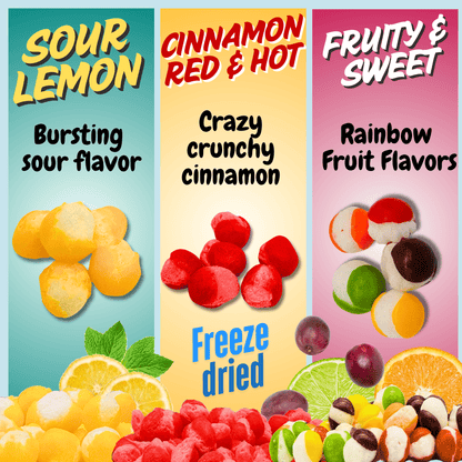 Freeze Dried Candy Trio Pack 3 Pack Lemon Ballz - Rainbow Krunchies - Cinnamon Hotties