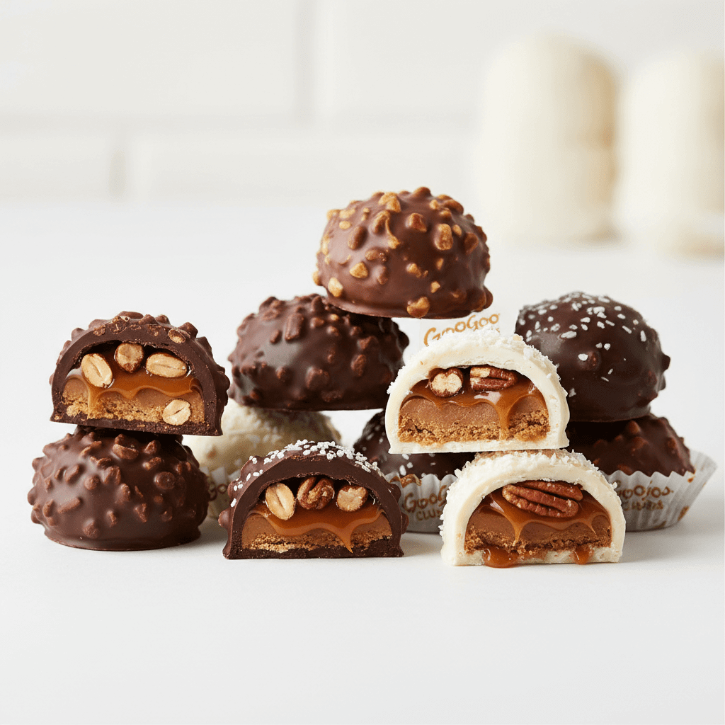 GooGoo Clusters assorted candy bars stacked with creamy nougat, caramel, and nuts in a delicious variety.