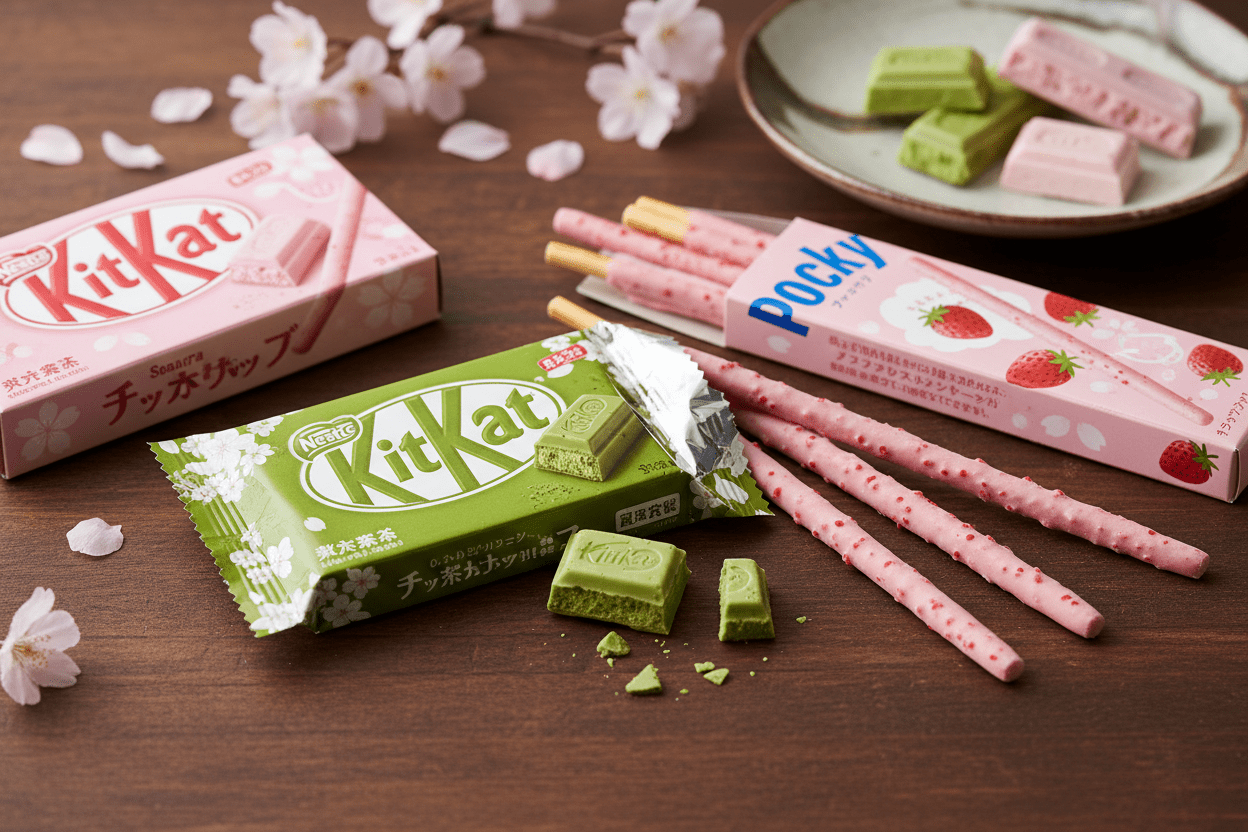 Viral TikTok TokyoTreat Premium featuring green and pink KitKat and Pocky snacks on a wooden table.